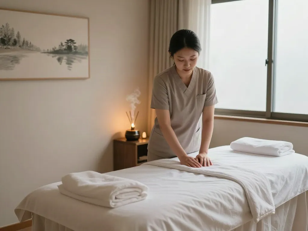 Relaxing therapy room scene promoting 종로출장안마 with soothing ambiance and professional therapist.