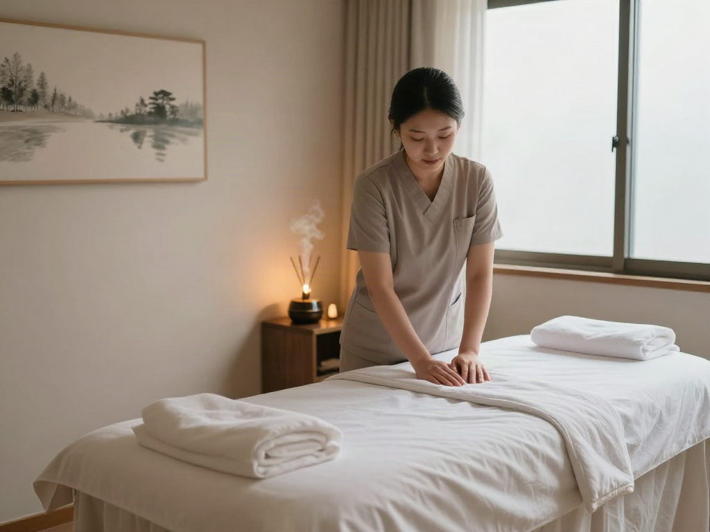 Relaxing therapy room scene promoting 종로출장안마 with soothing ambiance and professional therapist.