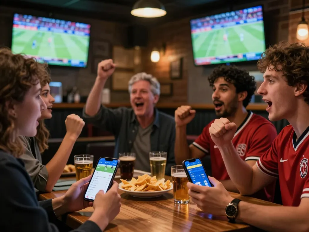 Engaging in kèo nhà cái 5 betting strategies at a vibrant sports bar with friends.