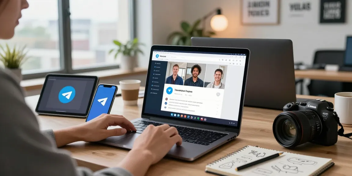 Engaged user interacting with the Telegram Web Version in a modern office environment, showcasing a dynamic workspace.