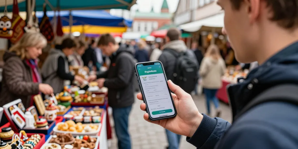 Persona usando la aplicación https://payinrussia.com/ en un animado mercado local, rodeada de vendedores y productos tradicionales.