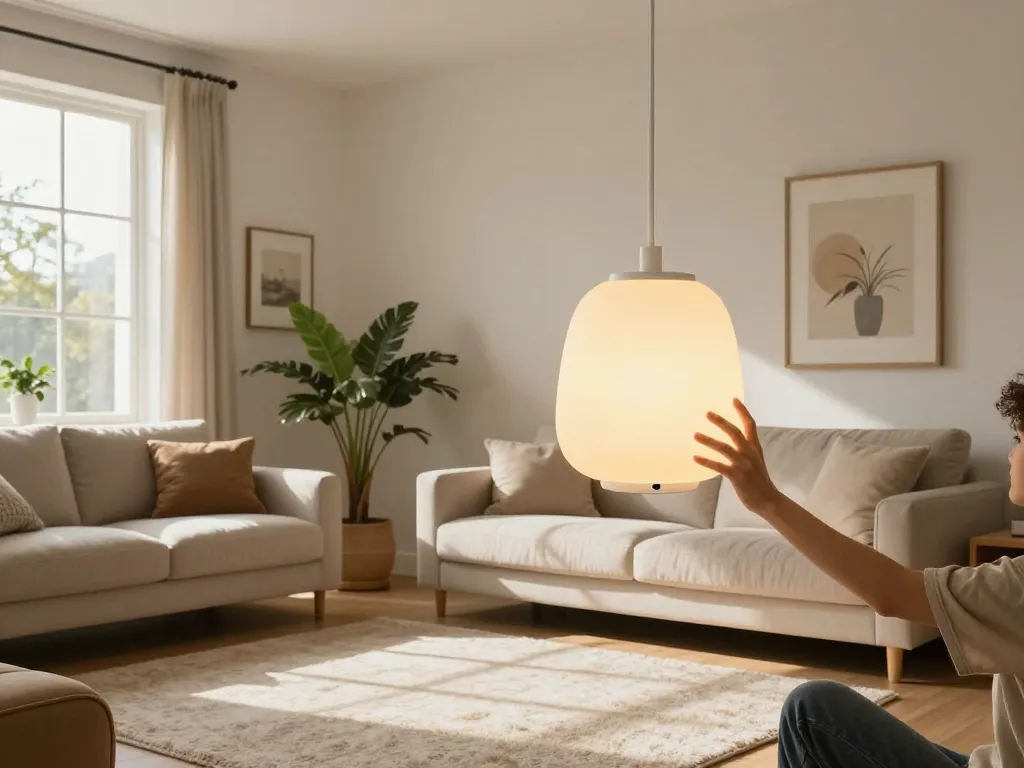 Sala de estar moderna con Lámparas colgantes con regulador integrado, mostrando brillo ajustable y diseño elegante.