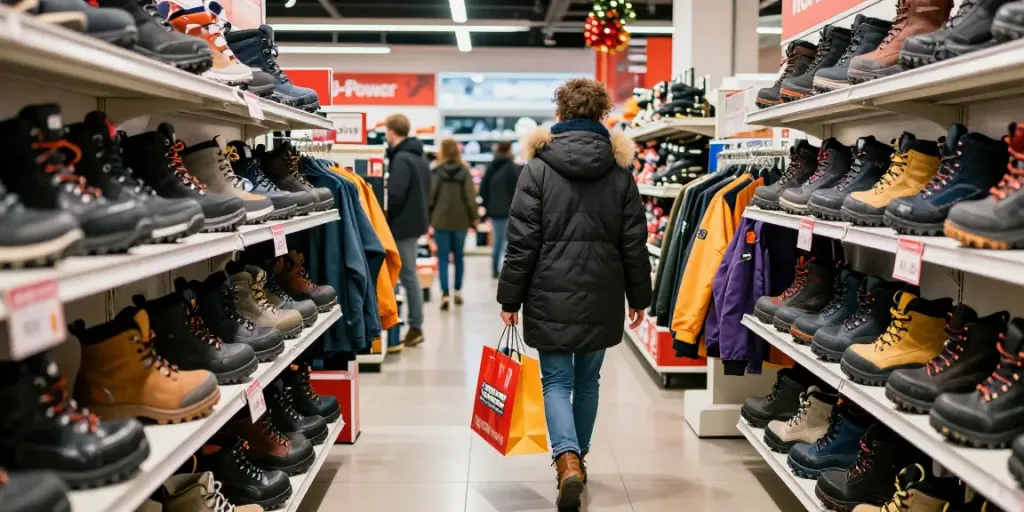 Promoción de Black Friday U-Power en tienda con personas comprando ropa de trabajo y calzado de seguridad.