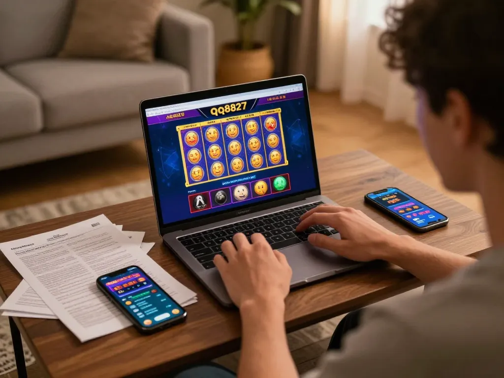 Engaging in thrilling online gaming on the qq8827 platform, showcasing a vibrant home setup.