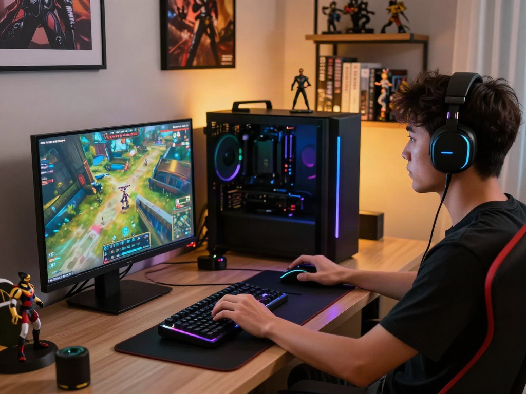 Player enjoying online games at https://man88.hair/ in a modern gaming setup with vibrant decor.