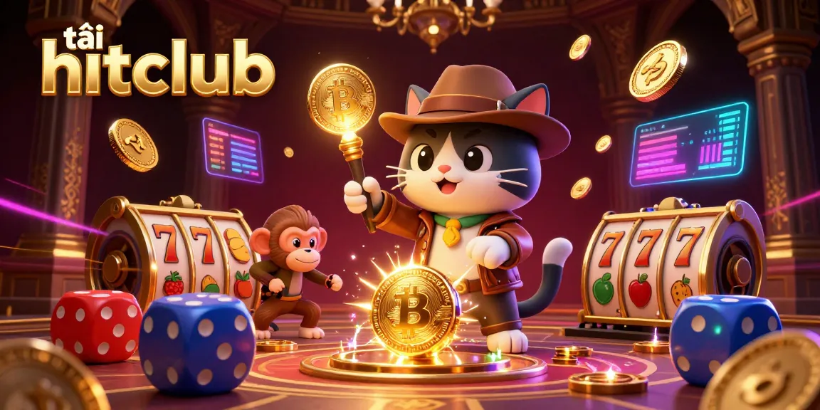 Engage in the adventure to tải hitclub as an explorer cat finds golden casino treasures among vibrant slot symbols and crypto coins.