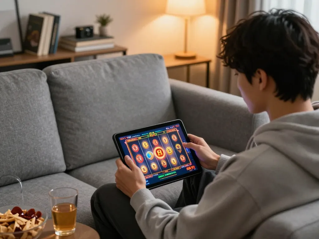 Play slot88 resmi game on a tablet, highlighting vibrant reels during online play in a cozy home setting.