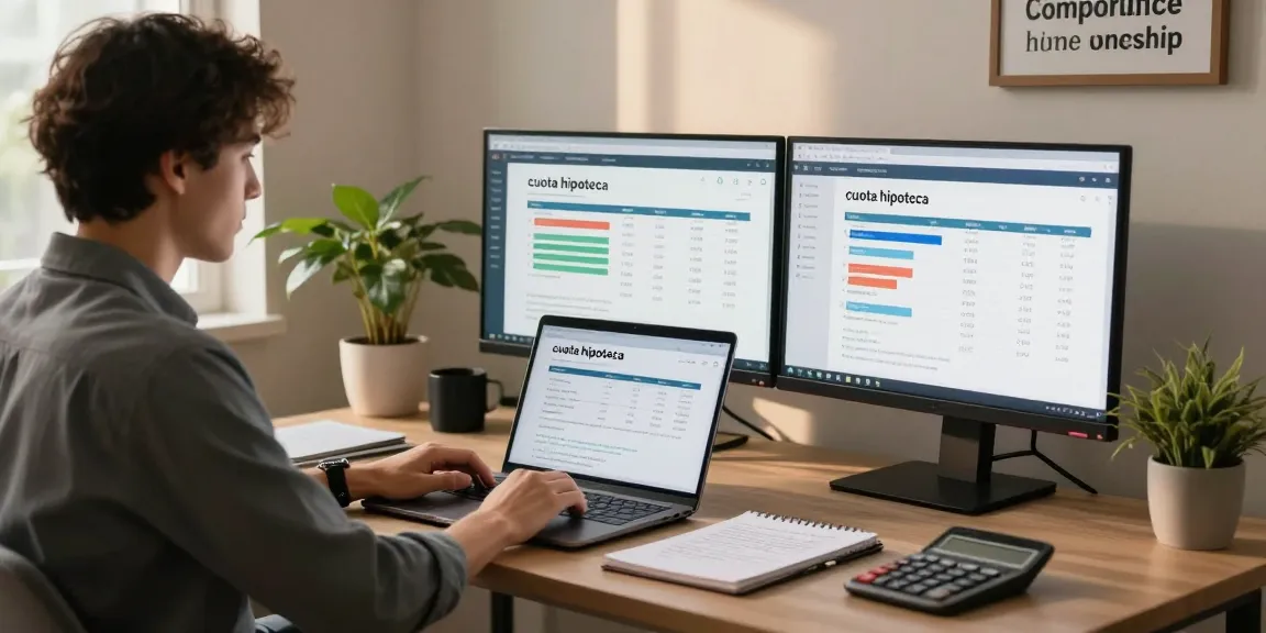 Calculate cuota hipoteca in a modern home office with financial charts and cozy lighting.
