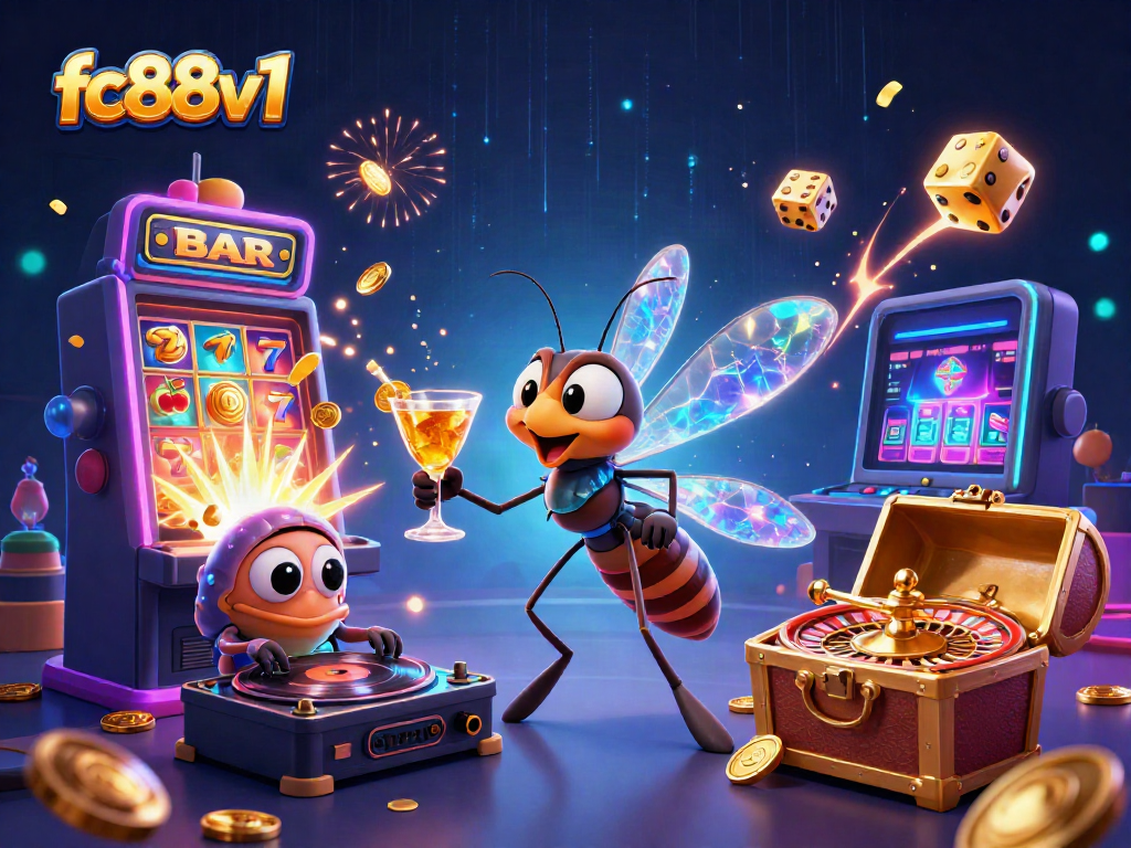 Experience thrilling gaming action with fc88v1 featuring a cartoon mosquito mascot and golden roulette wheel.