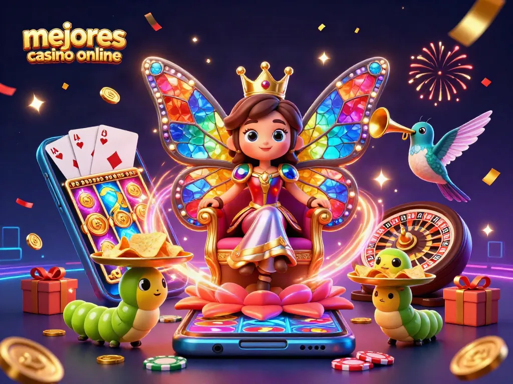 Imagen de la reina mariposa entre casinos online, girando juegos y fichas en Chile.