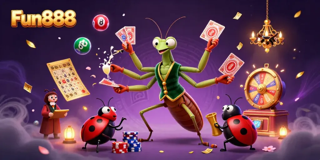 Experience Fun888 with vibrant characters surrounded by dynamic bingo and lottery elements in an engaging casino scene.
