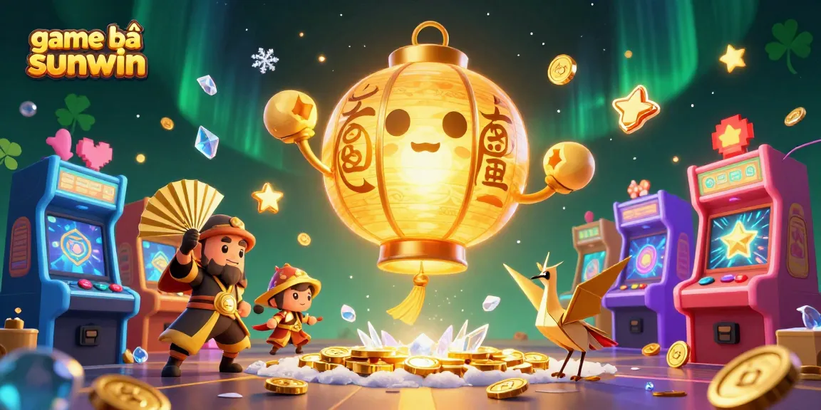 Engage with the thrilling game bài sunwin, as a golden lantern spirit leads a vibrant casino scene filled with dynamic gaming elements.