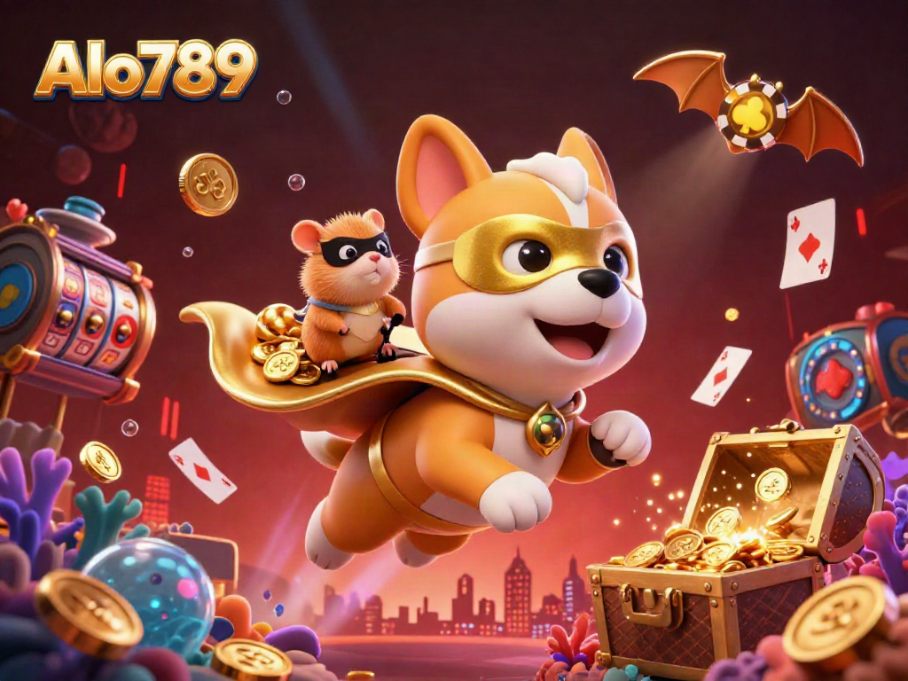 Alo789 brings excitement to the casino world with a superhero dog and hamster amid lively casino elements.