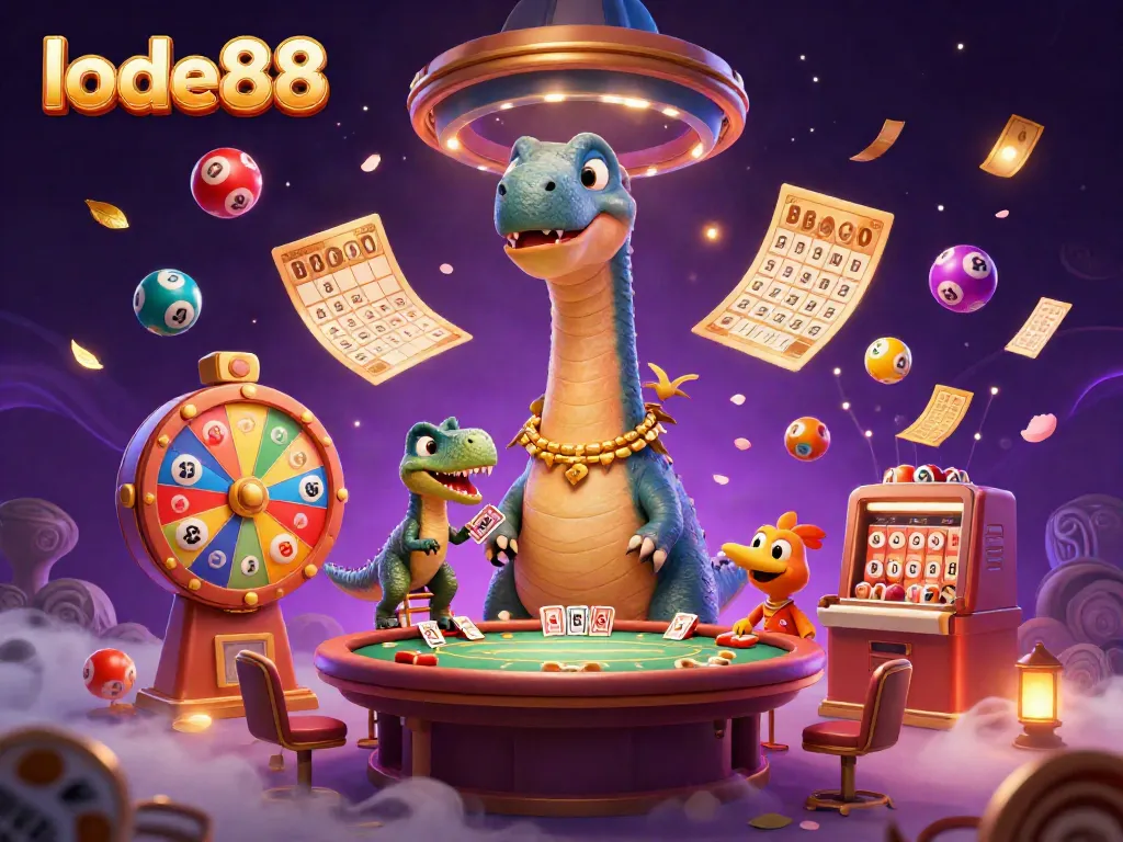 Engage with lode88's thrilling casino atmosphere featuring a towering brontosaurus and vibrant lottery elements.