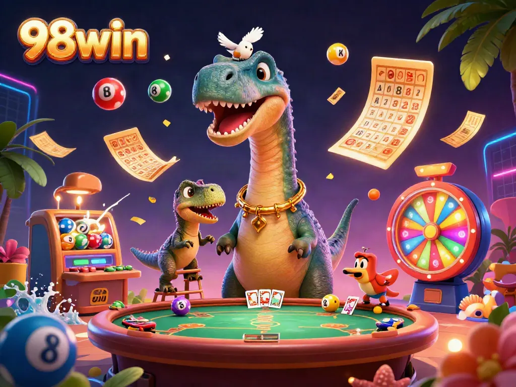 Experience vibrant gameplay and excitement with 98win's immersive casino illustration featuring enchanting characters and lively elements.