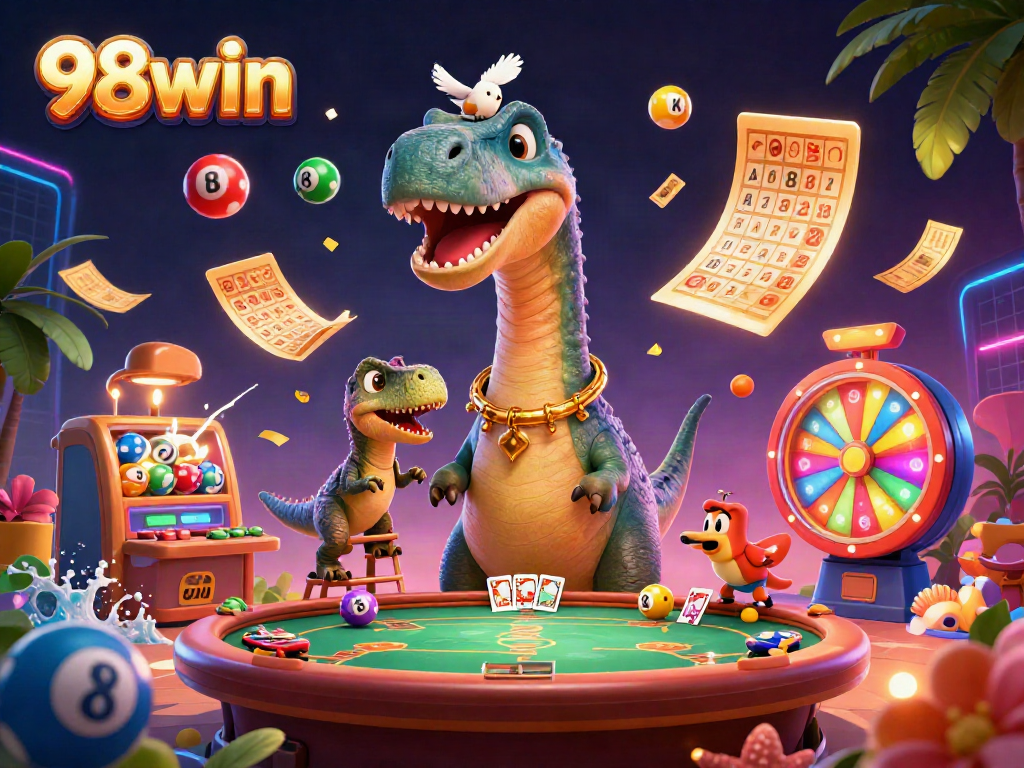 Experience vibrant gameplay and excitement with 98win's immersive casino illustration featuring enchanting characters and lively elements.