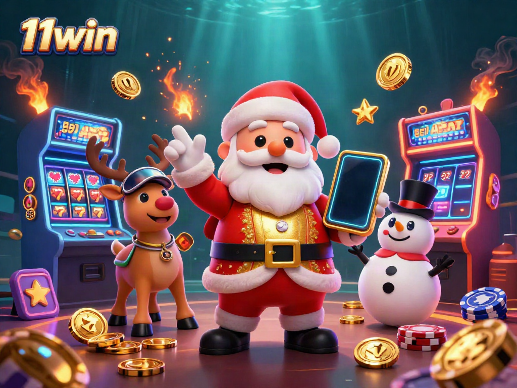 Experience the thrill of jackpots at 11win with Santa and his companions in a vibrant casino scene.
