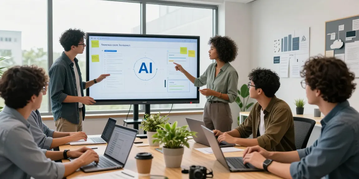 Team collaborating to build internal tools with AI in a bright office workspace, showcasing innovation and teamwork.