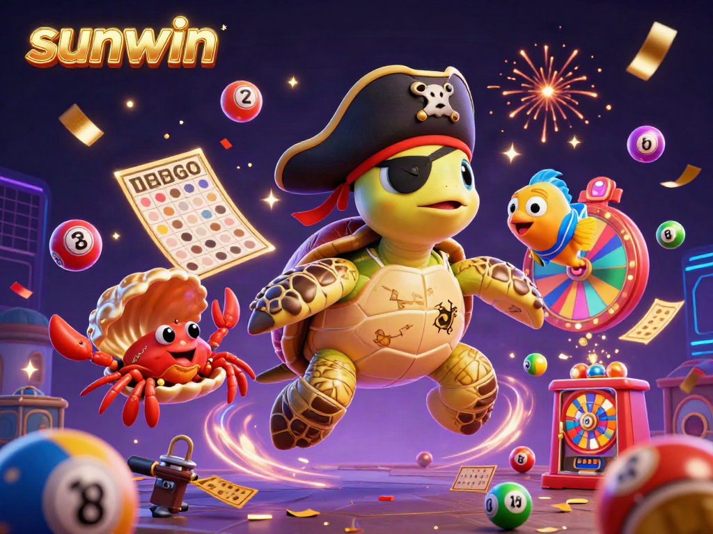 Experience excitement with sunwin as colorful lottery balls burst into action, featuring vibrant three-dimensional characters in a dynamic casino scene.