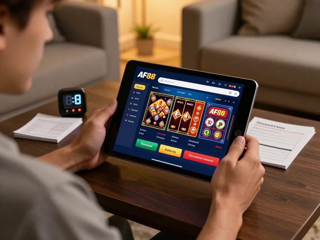 Engaged player exploring Nhà cái af88 platform on tablet in cozy gaming setup.