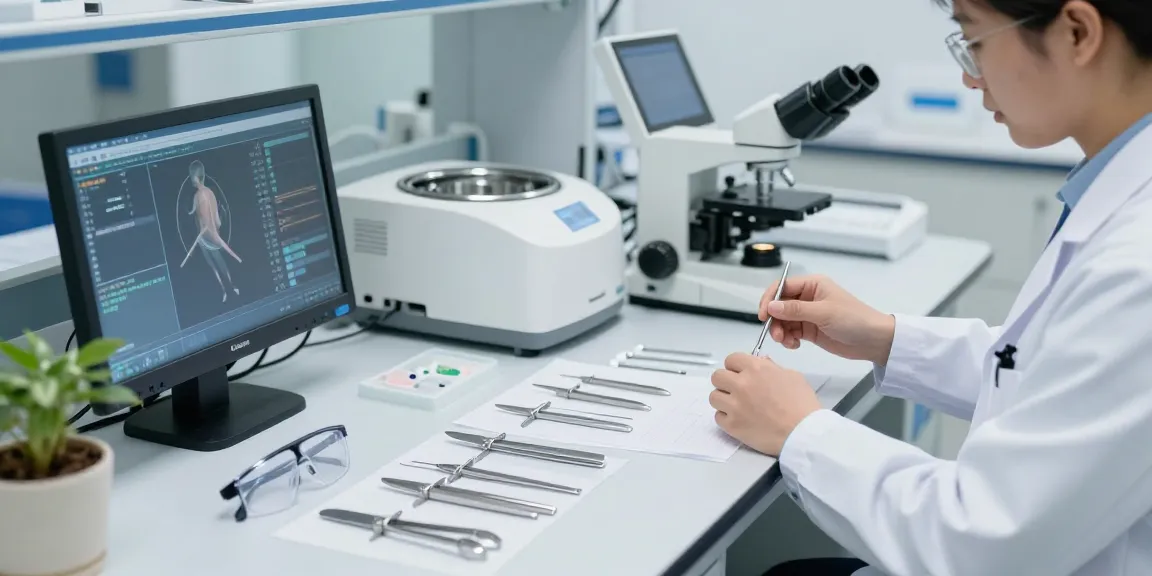 Healthcare professional examining medical instruments in a modern laboratory setting.