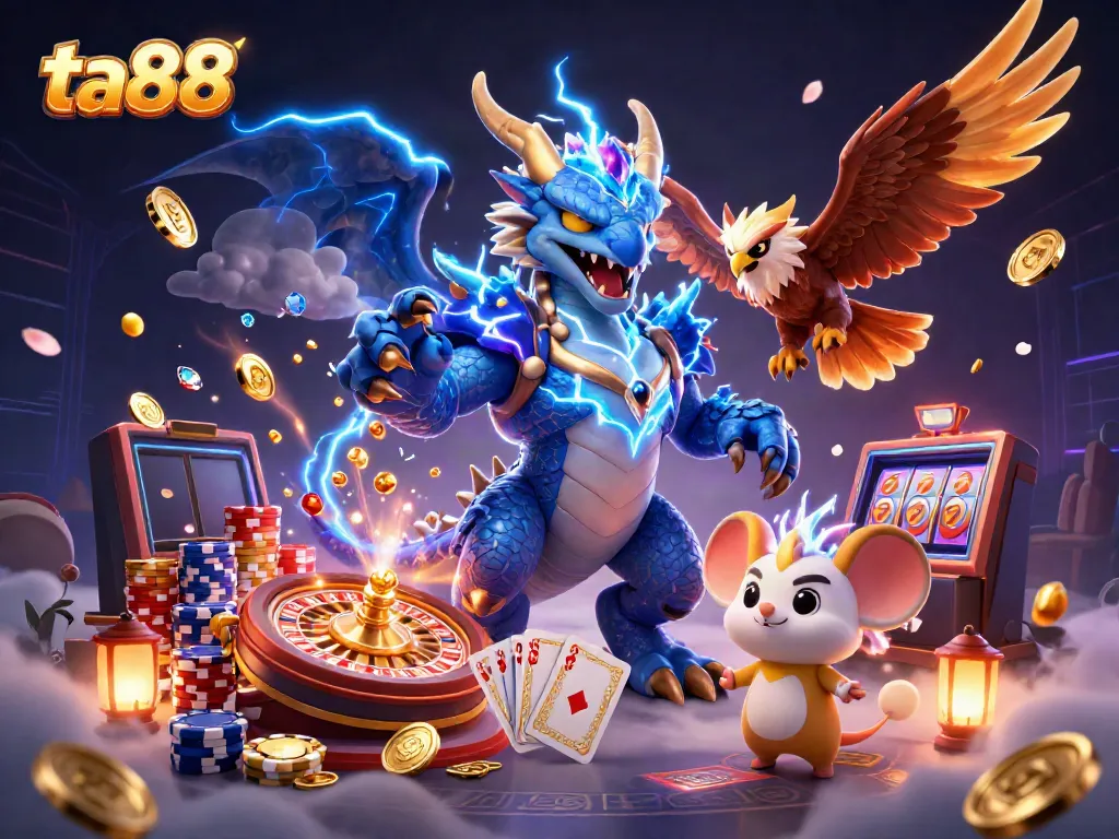 Experience the thrill of ta88 with dynamic dragons and glowing gaming elements in an electrifying casino scene.