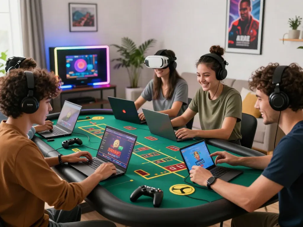 Friends enjoying live casino games from https://ta88.network/ in a lively home setting.
