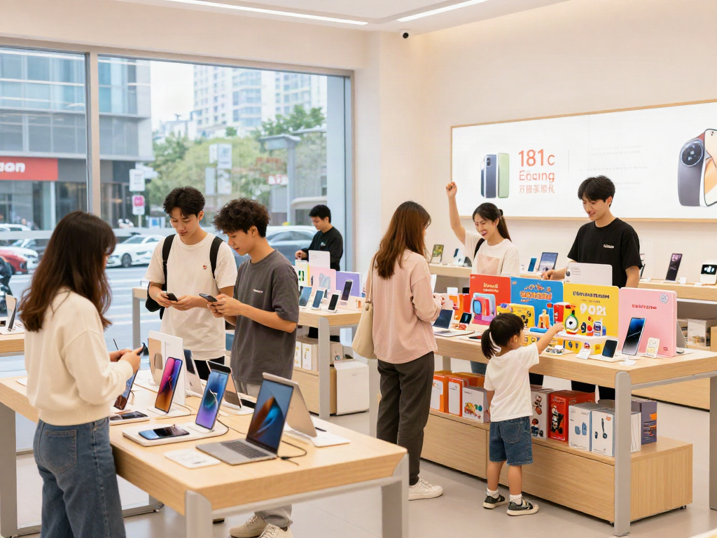 Shoppers exploring various productos in a vibrant e-commerce retail space.