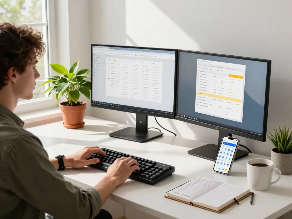 Tech gadgets for productivity in a modern home office featuring dual monitors, a mechanical keyboard, and an organized workspace.