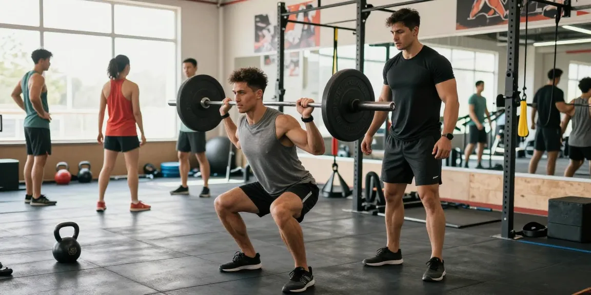 Entrenador motivando a un hombre en Esteroidesshop mientras levanta pesas en un gimnasio vibrante.