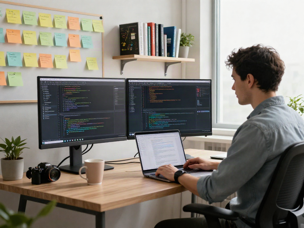 Ambiente moderno de desarrollo de software con siera kaudalor en escena, ingeniero programando.