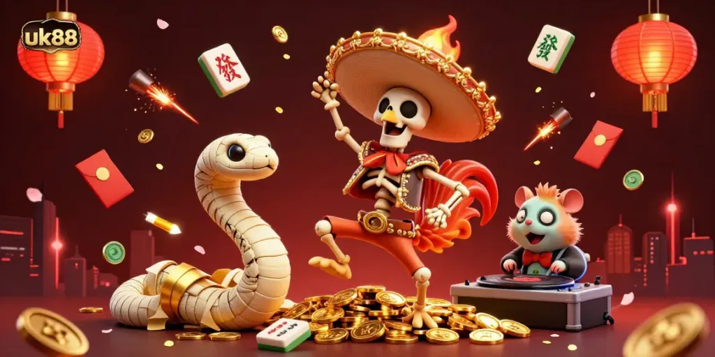 Experience excitement at uk88 with a lively 3D illustration of a mariachi rooster among casino elements.