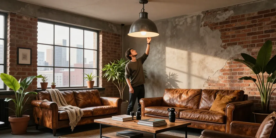 Stylish interior showcasing a lámpara industrial vintage illuminating a cozy living space with reclaimed wood and brick elements.
