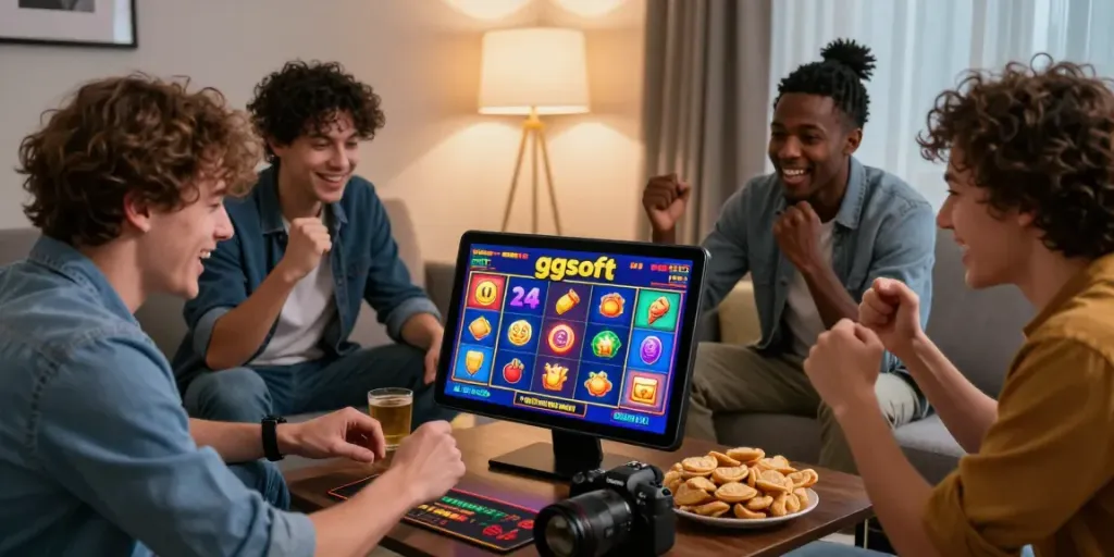 Friends celebrating while playing ggsoft slot on a tablet in a cozy living room.