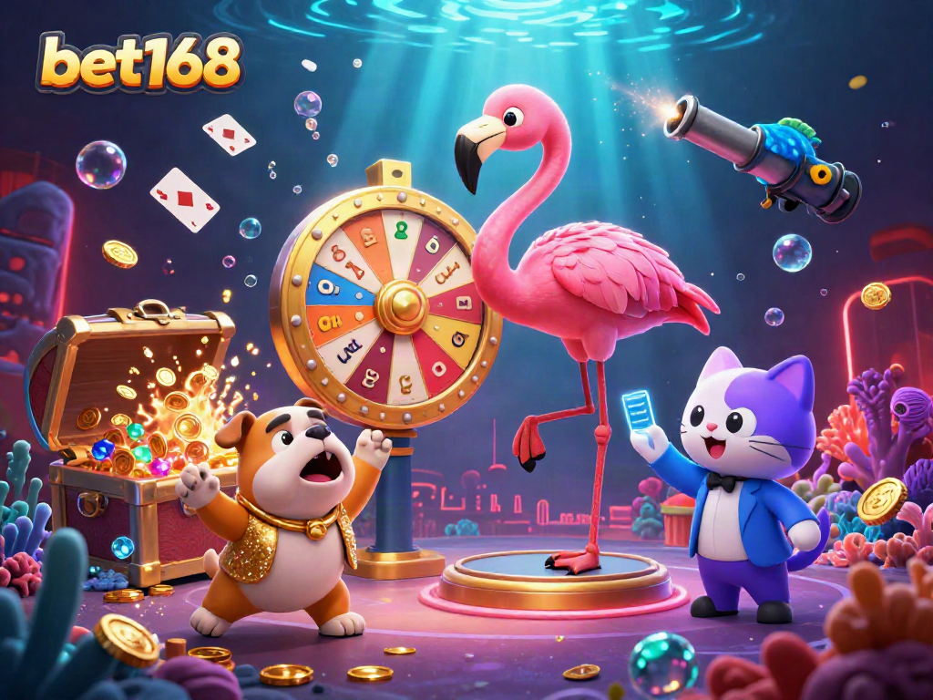 Experience fun and excitement with bet168 as a flamingo host spins a prize wheel in a vibrant casino scene.