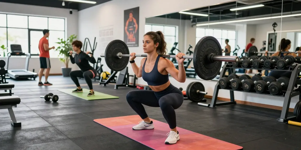 Entrenadora levantando pesas en Esteroidesshop fitness, con energía y determinación.