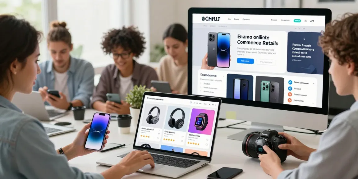 Interactive online shopping scene showcasing rokok88 slot login with diverse customers exploring electronics and engaging with virtual product features.