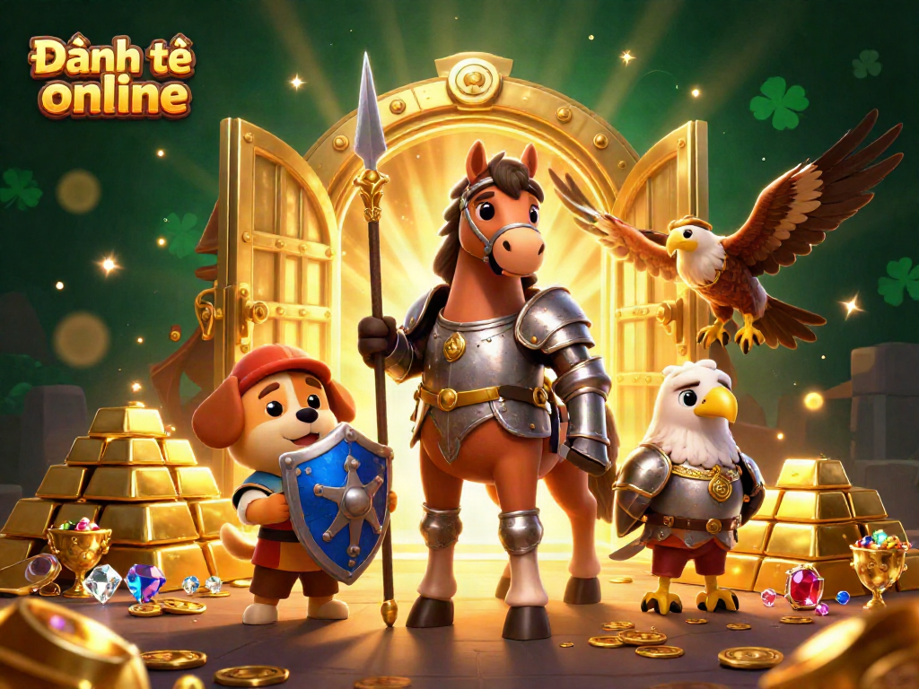 Experience the thrill of Đánh đề online with a knight, puppy, and falcon in a treasure-filled realm.