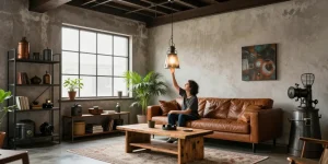 Lámpara industrial vintage realzando un elegante salón tipo loft con luz natural.