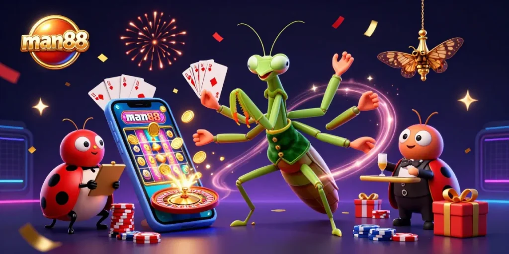 Engage with man88's vibrant casino scene featuring a lively praying mantis card sharp and ladybug pit boss.