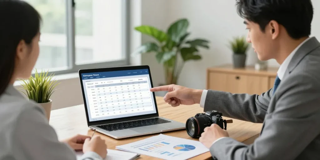 Calculate cuota hipoteca with financial advisor in professional office, showing mortgage simulation and amortization schedule.