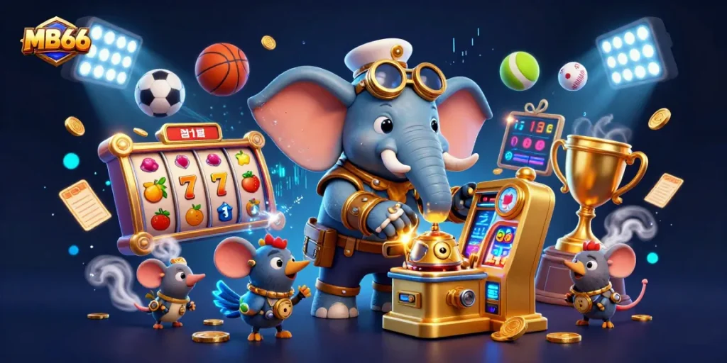 Experience the excitement of MB66 with a steampunk elephant operating a golden slot machine, surrounded by dynamic gaming elements.