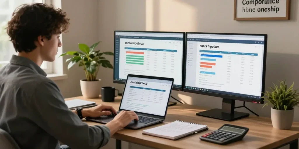 Calculate cuota hipoteca in a modern home office with financial charts and cozy lighting.