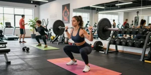 Entrenadora levantando pesas en Esteroidesshop fitness, con energía y determinación.
