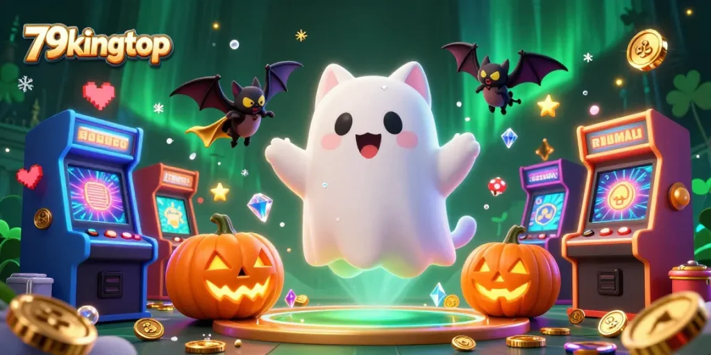 Experience thrilling wins at 79kingtop with a friendly ghost cat in a haunted casino setting.