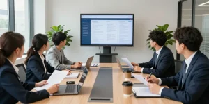 Lawyers collaborating in a modern office, discussing case analysis—i thought about this for effective legal strategies.