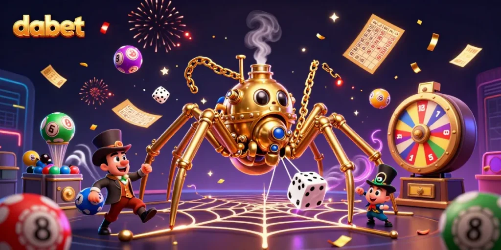 dabet captures the chaotic allure of a casino with dynamic golden spider, steampunk themes, and vibrant lottery elements