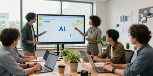 Team collaborating to build internal tools with AI in a bright office workspace, showcasing innovation and teamwork.