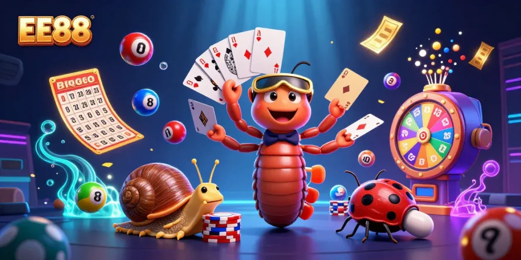 Experience excitement with EE88's vibrant scene of 3D cartoon characters engaged in a thrilling casino atmosphere.